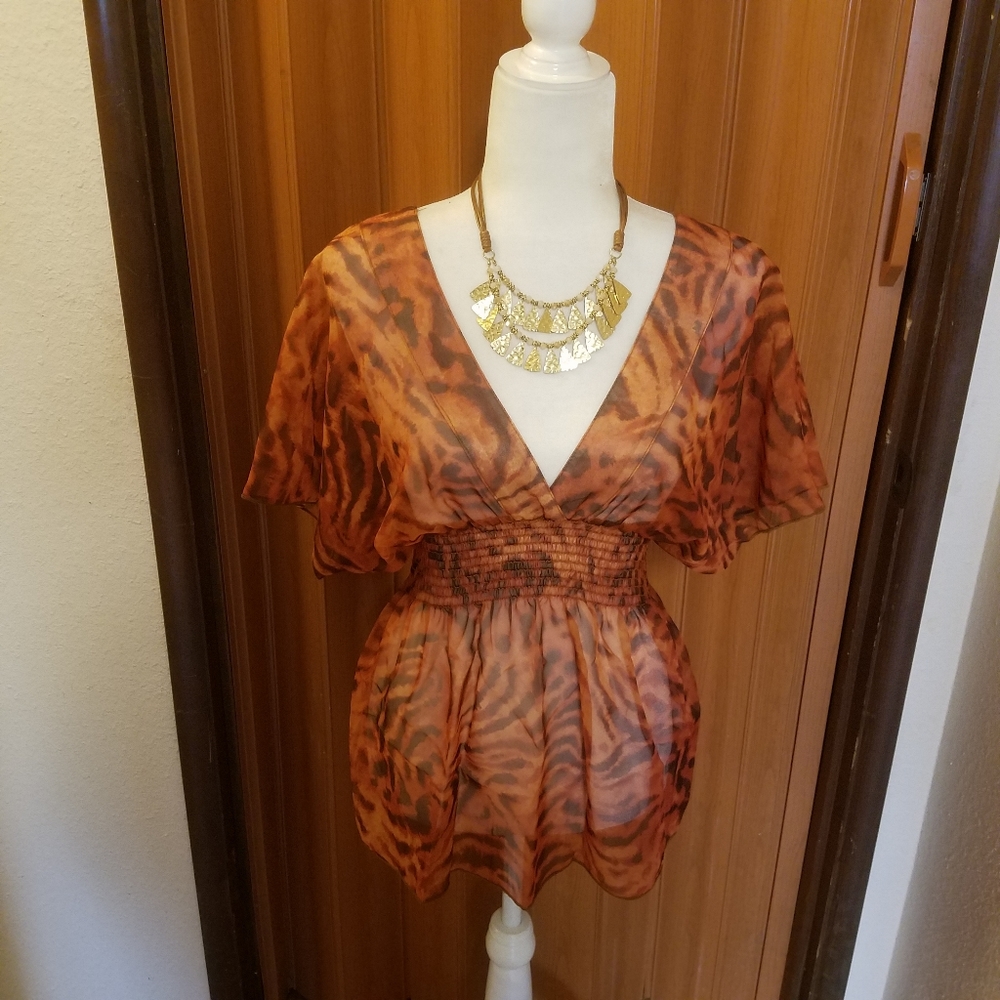OBOE RUST ZEBRA STRIPE SHEER TOP